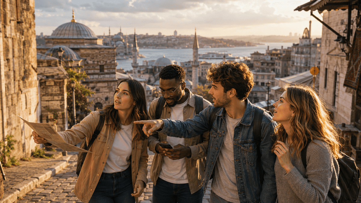 Friends playing an app-based city game in Istanbul