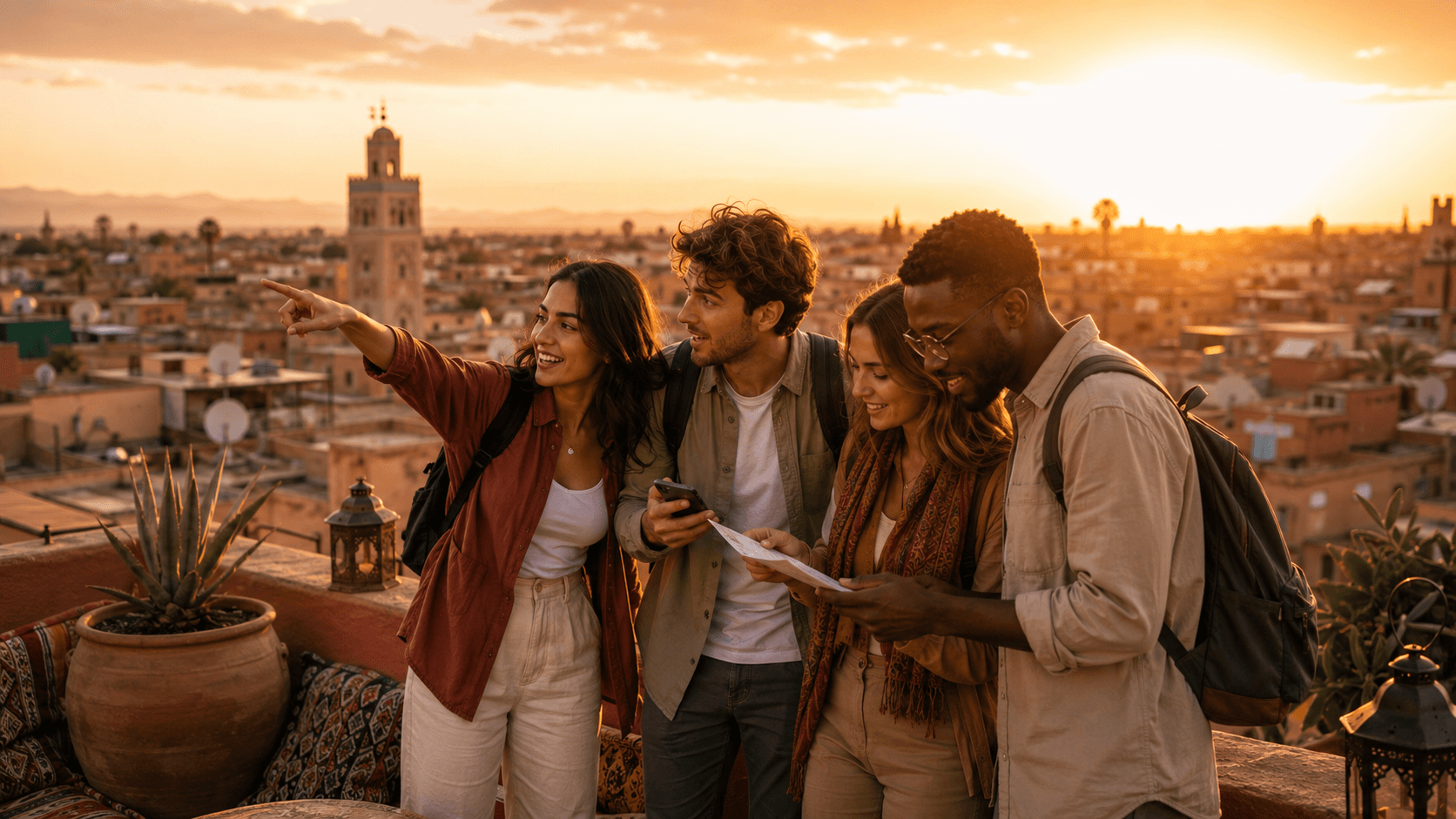 A team on a Marrakech rooftop at sunset with the Koutoubia minaret behind them