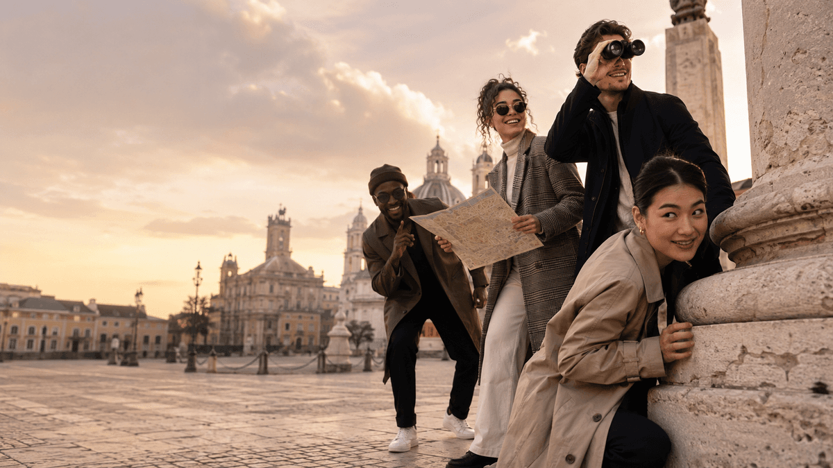 Friends team building during a city adventure in Rome