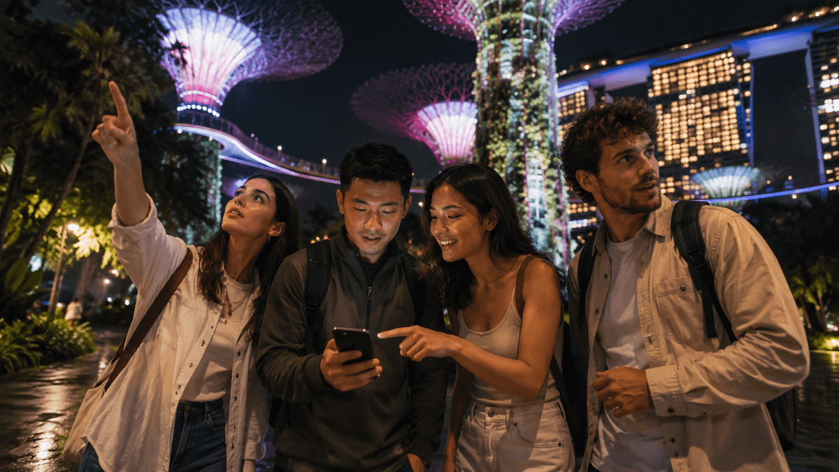 Group of friends completing a city activity in Singapore