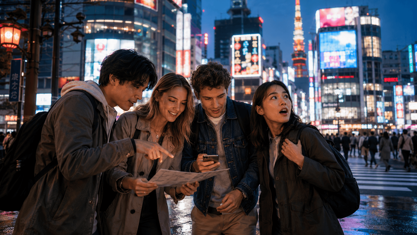 Four players comparing a map and a phone under neon signs on a wet Tokyo street at night