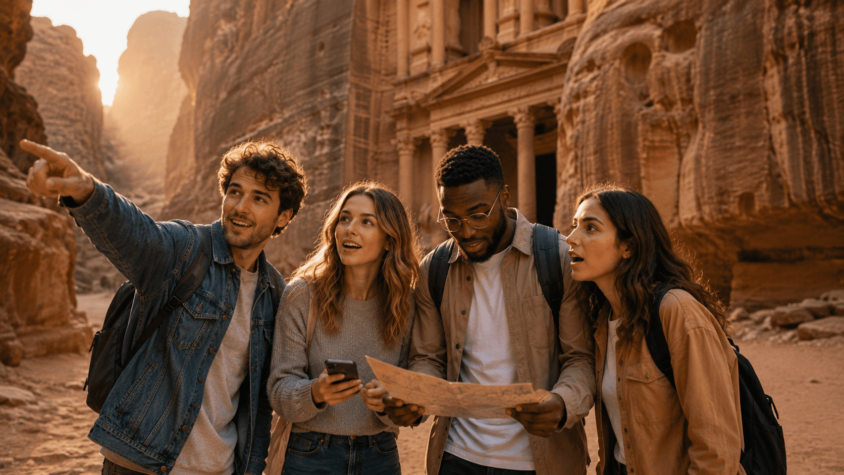 A team looking up at the carved facade of Petra in low golden light