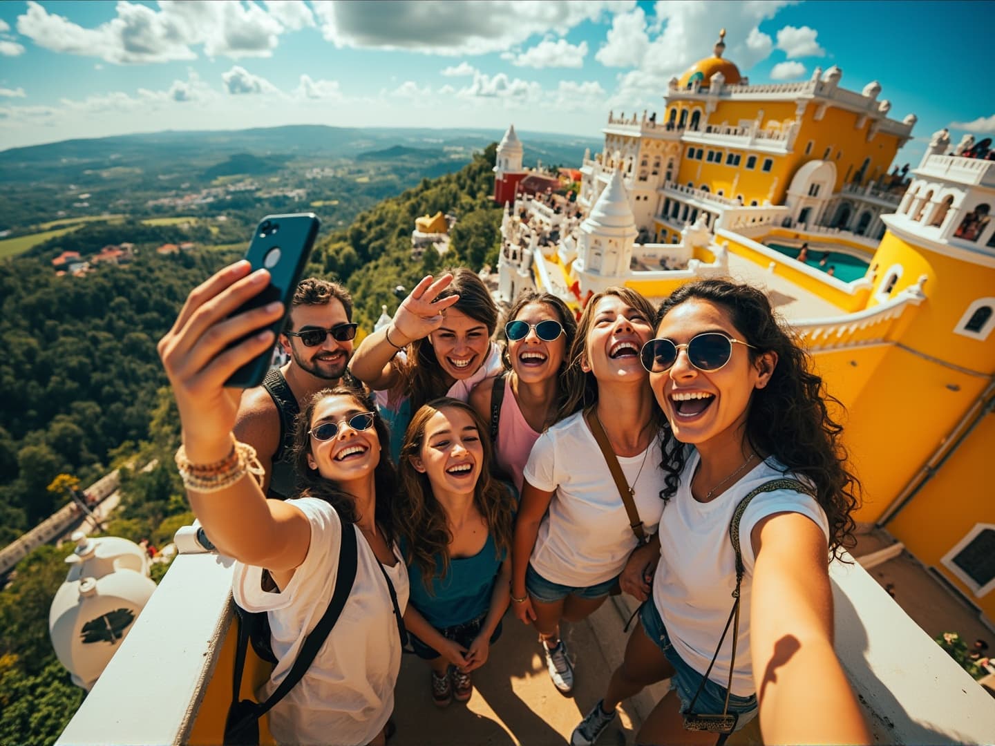 A team crowding into a selfie above the yellow towers of Pena Palace in Sintra