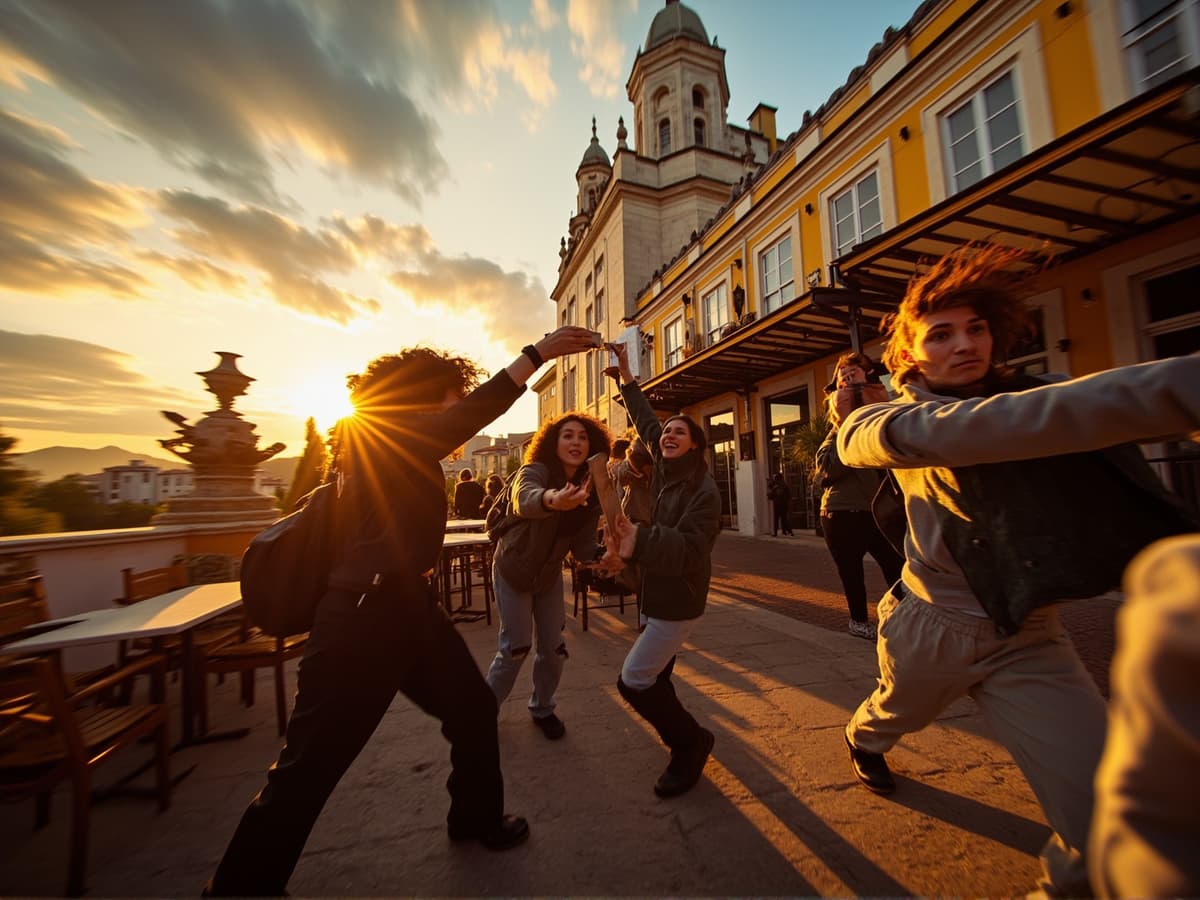 A group of travelers celebrating together at the end of a city adventure