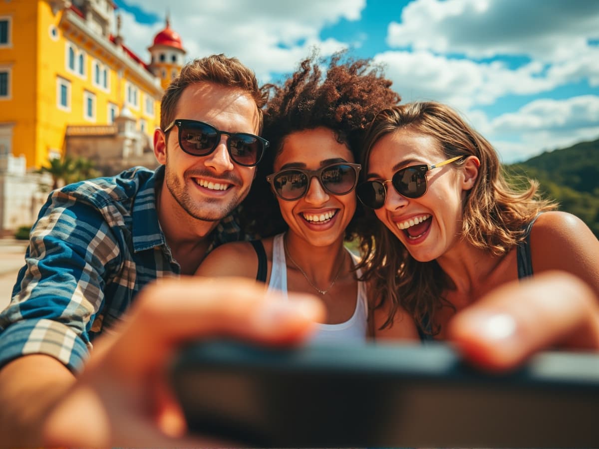 Travelers looking at a clue together on a phone