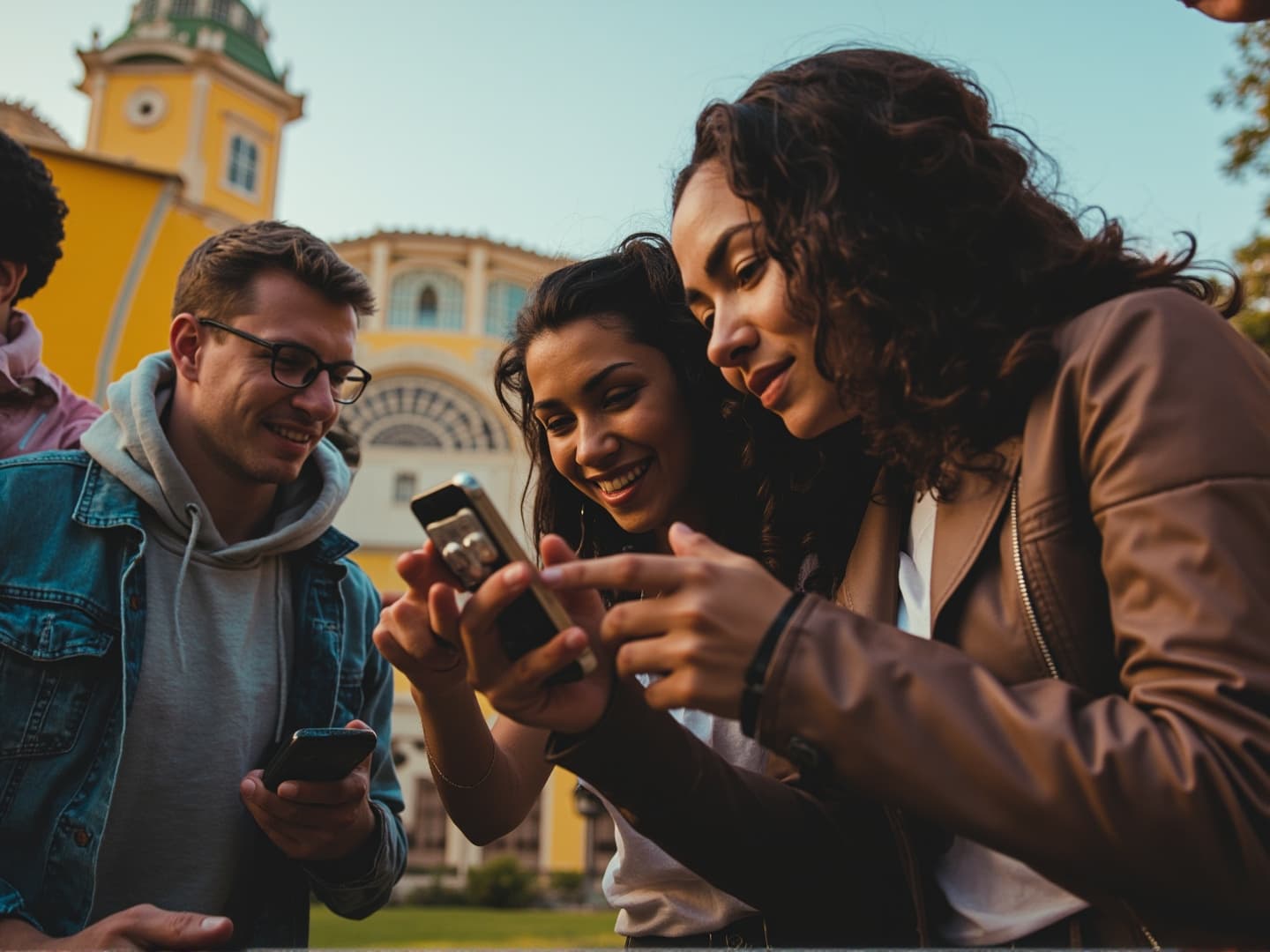 Three players leaning over a phone together, working out a clue