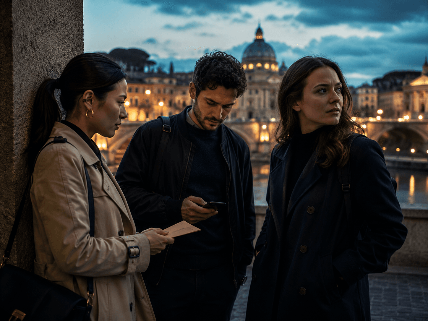 Three players reading a message at dusk on a bridge over the Tiber in Rome