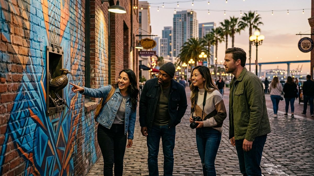 Players examining a large painted mural on a San Diego street