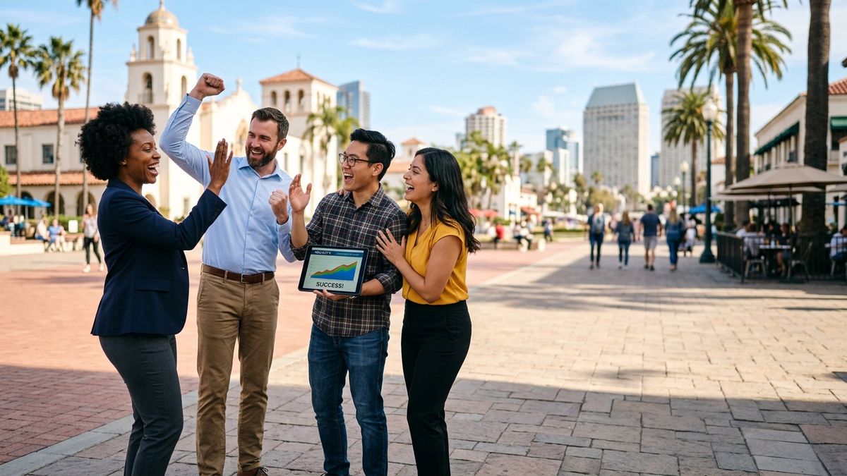 A team celebrating a breakthrough with the San Diego skyline behind them