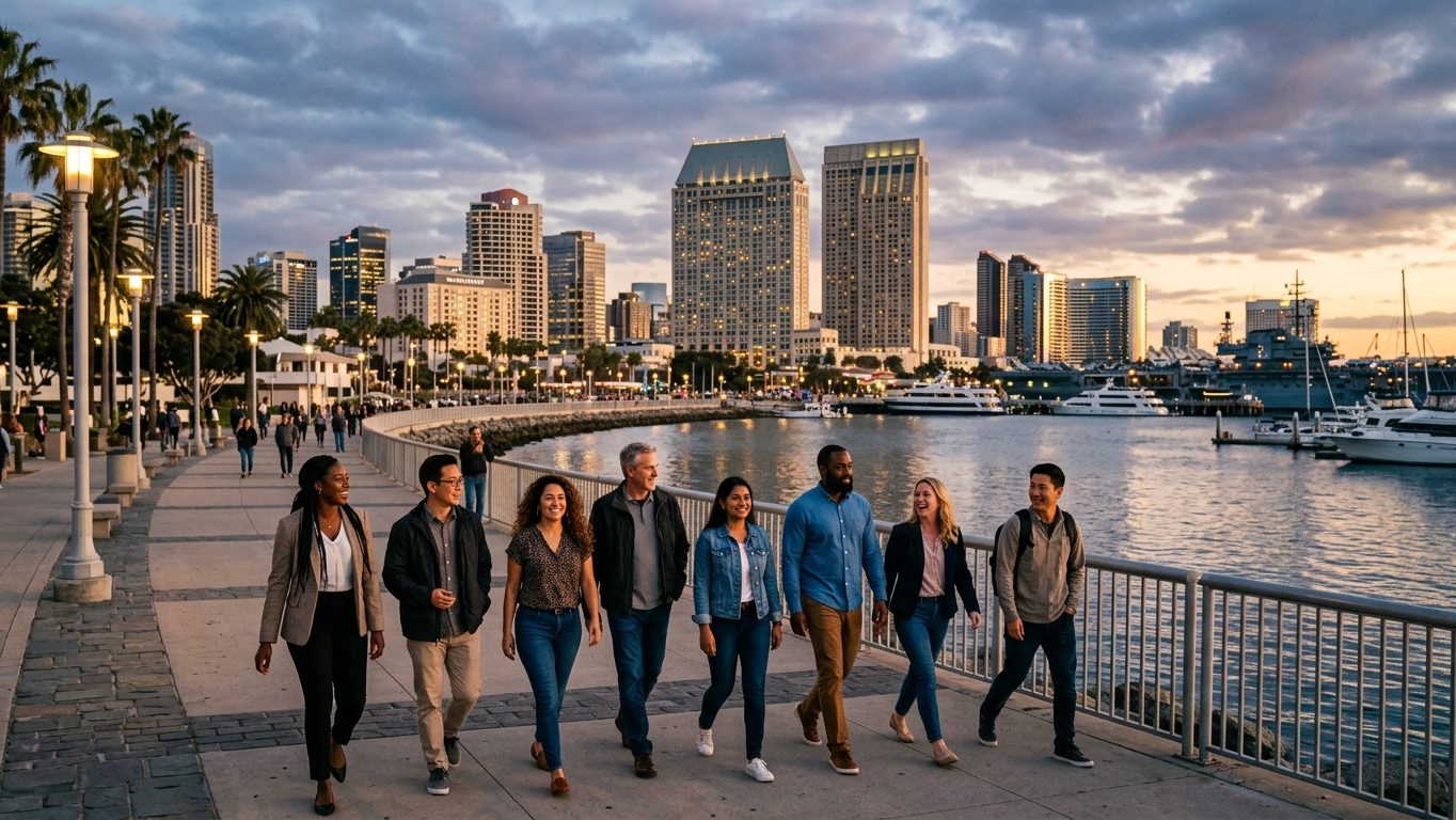 A team walking together along the San Diego waterfront at dusk with the downtown skyline behind them