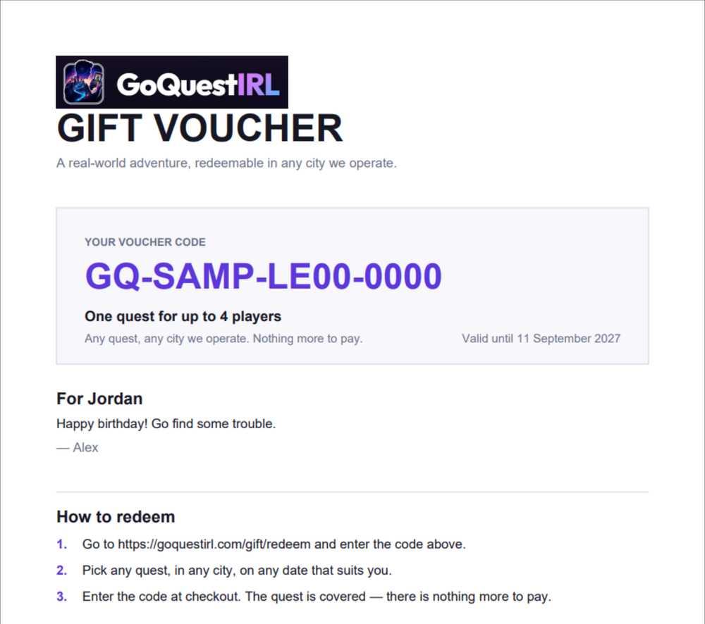 A sample GoQuestIRL gift voucher PDF, showing the voucher code, player count and expiry date