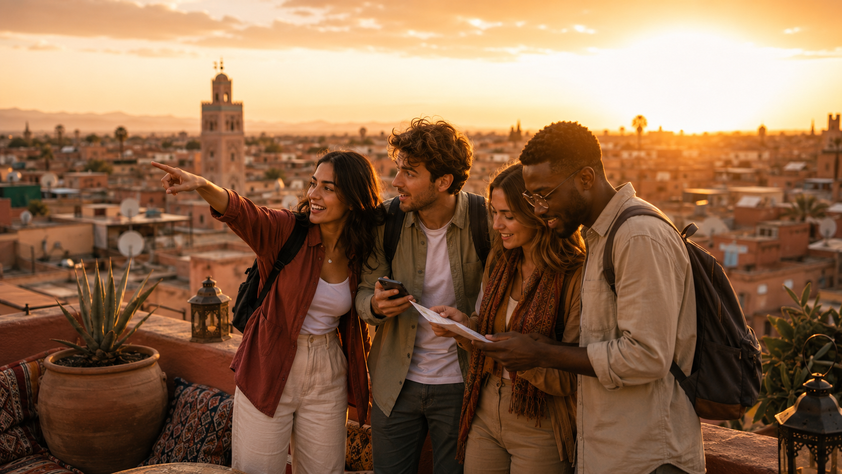 A team on a Marrakech rooftop at sunset with the Koutoubia minaret behind them