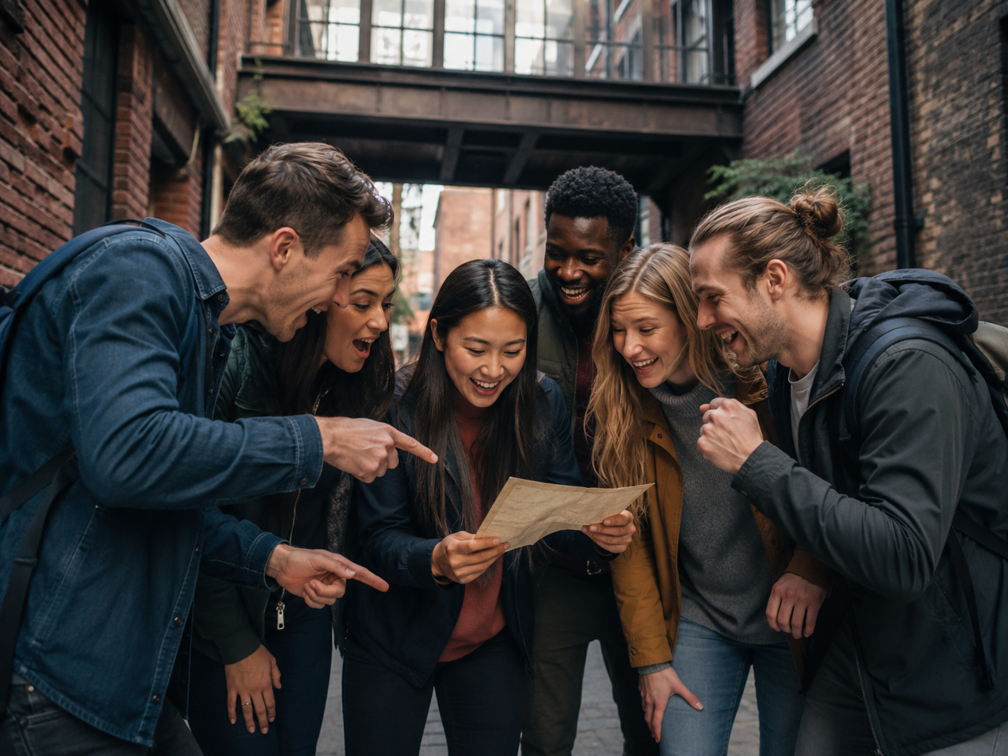 Six players laughing over a paper map in a brick alleyway